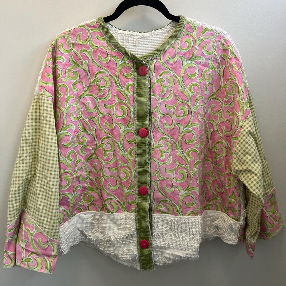 Pink and green patchwork quilted cardigan